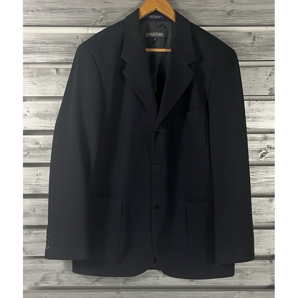 Vintage 90s Y2K Structure Blazer Jacket Mens 40 Navy Blue Wool Sport Coat